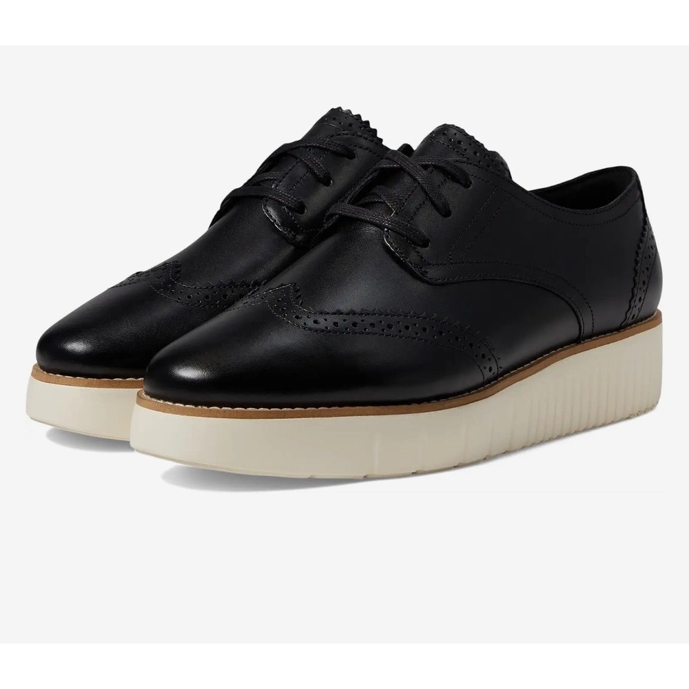 Cole Haan Grand City Platform Oxford Women's 7.5 Black Ivory Leather Brogue